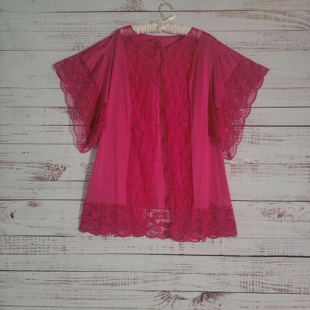 Vintage 70s 80s Shadowline Lingerie Robe Deep Pink Nylon Lace Kimono Sleeve